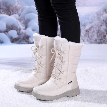 

Winter Waterproof Nylon Rubber Women Thigh High Boots Fashion Luxury Brand Boots Womens Black Lace Up Warm Long Snow Boots Woman