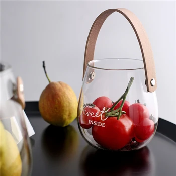 

unique chic nordic glass storage jar bottle with leather handle minimalist desk storage bottle organizer flower vase container