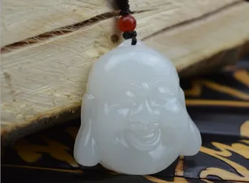 

Natural White Jade Buddha Head Hanging and Laughing Mouth Often Opening Big Ear Maitreya Buddha Hanging