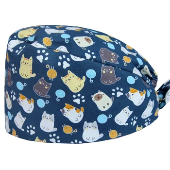 

Catty Nurse Surgical Caps Surgery Scrub Hats Veterinary Doctor Nurse Dentist Hospital Work Hat 100% Cotton Tie Back Skull Cap
