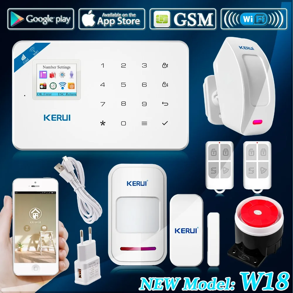 

2017 KERUI W18 WIFI GSM SMS Home Burglar Security Alarm System Curtain PIR Motion detector Touch Screen Alarm Panel APP Control