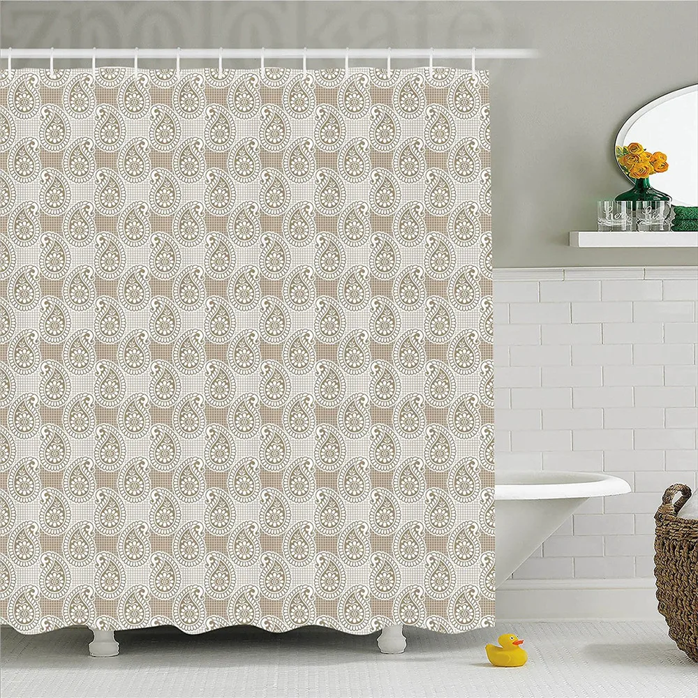 Paisley Decor Shower Curtain Squared Abstractt Bckgrounded Design with Floral Teardrop Shaped Image Bathroom Set Hook | Дом и сад