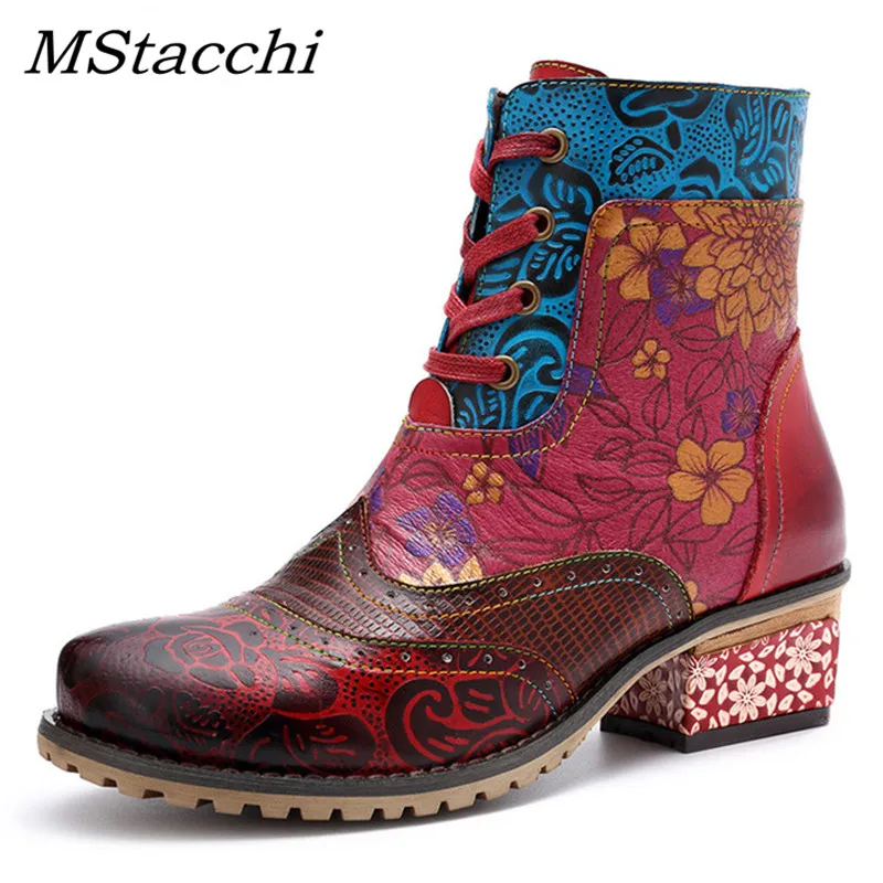 

MStacchi Rcasual Vintage Ethnic Style Genuine Leather Women Boots Women Zipper Ankle Boots Spring Patchwork Flowers Printed Shoe