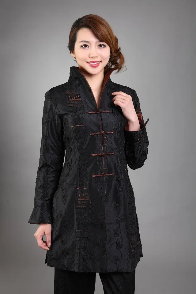 Зеленое китайское женское шелковое атласное пальто Длинная ветровка куртка с длинным рукавом пальто костюм Танг топы размера плюс 3XL 4XL 5XL M-61 - Цвет: Black