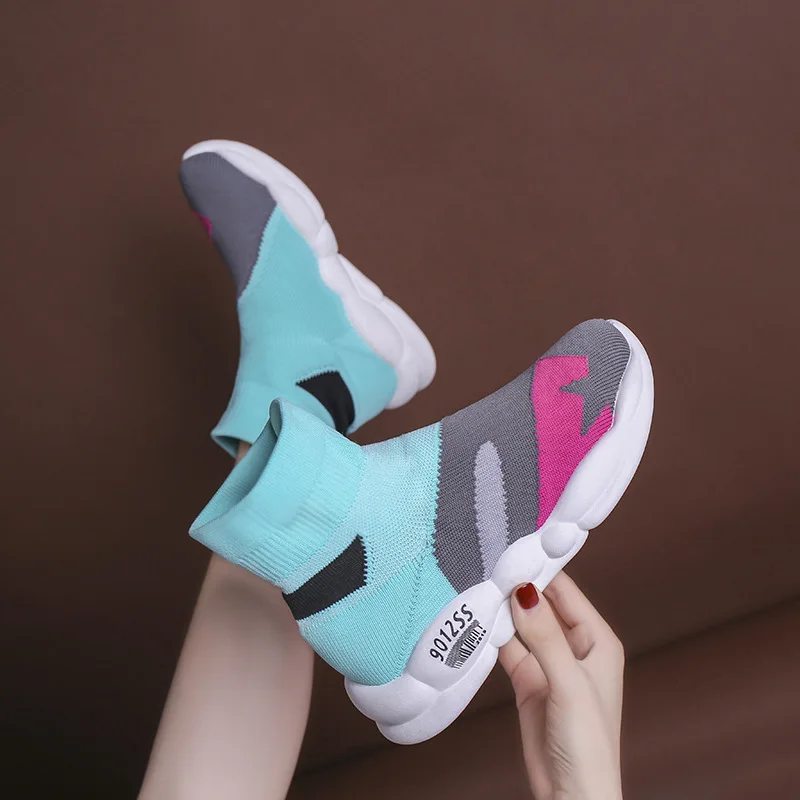 

2019 autumn new fashion simple color matching thick soles casual shoes women elastic cloth comfortable flat shoes