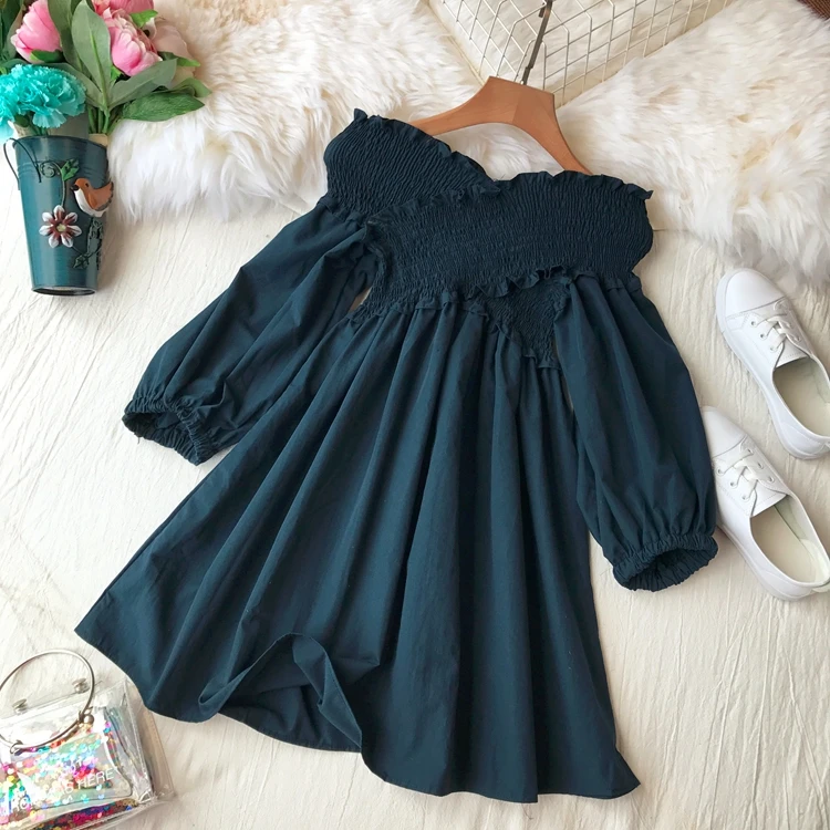 

2018 Autumn New Women Solid Color Slash Neck Casual Dress Lady High Waist Slim Korean Half Puff Sleeve Elegant Vestidos C204