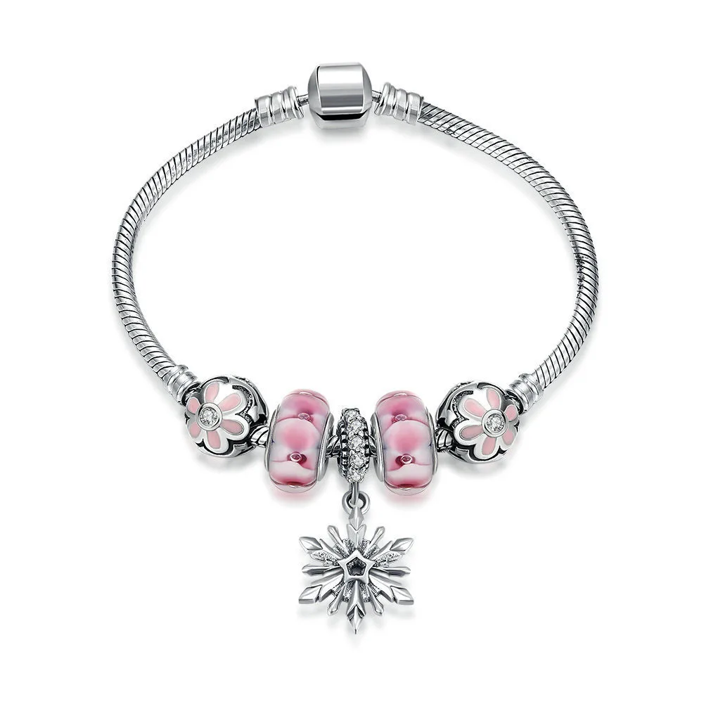 

Snowflake Flower Pink Crystal Balls CZ 925 Silver Bracelet