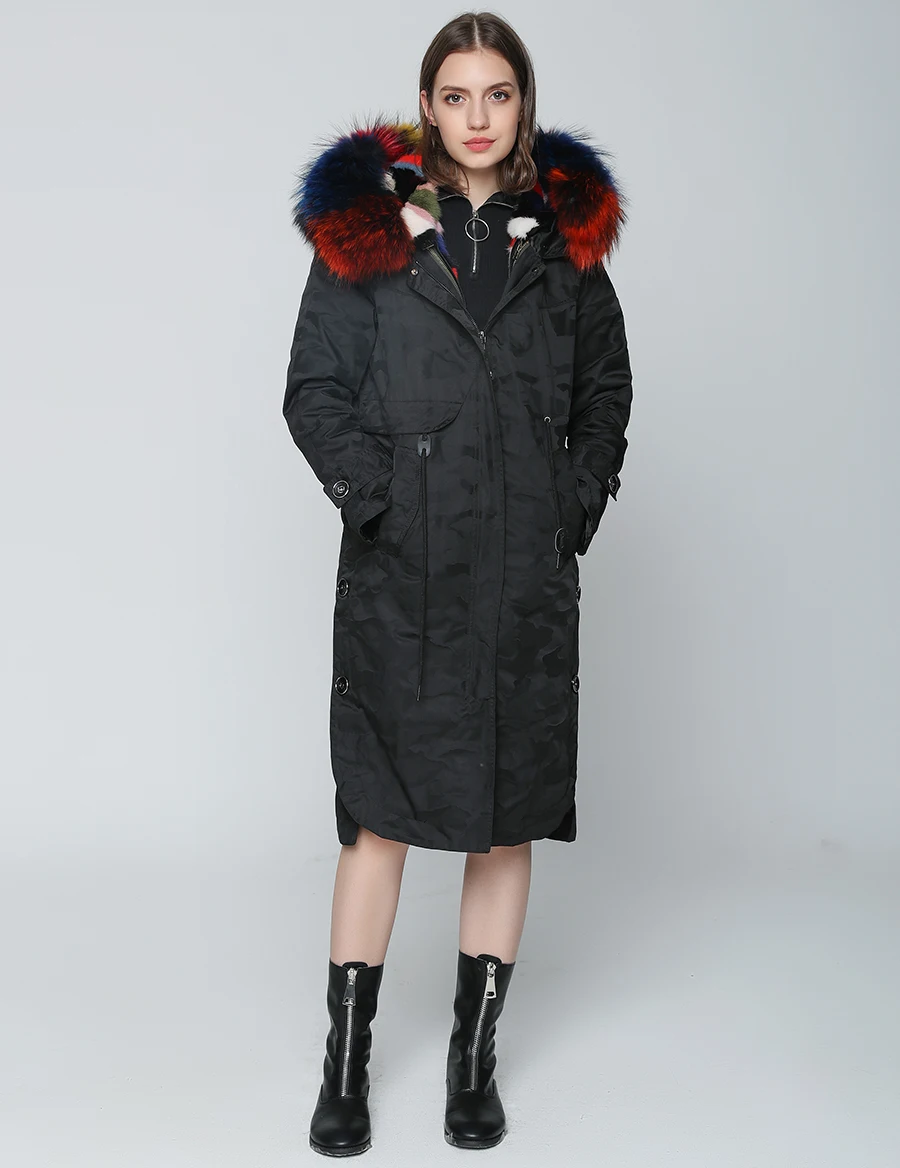 OFTBUY X-длинная Камуфляжная парка, пальто с натуральным мехом, зимняя женская куртка, большой воротник из натурального меха енота, капюшон, подкладка из натурального меха норки
