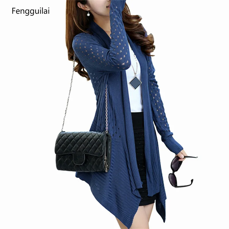 

2018 Autumn Winter New Loose Slim Irregular Crochet Hollow Out Knitted Women Long Cardigan Knitwear