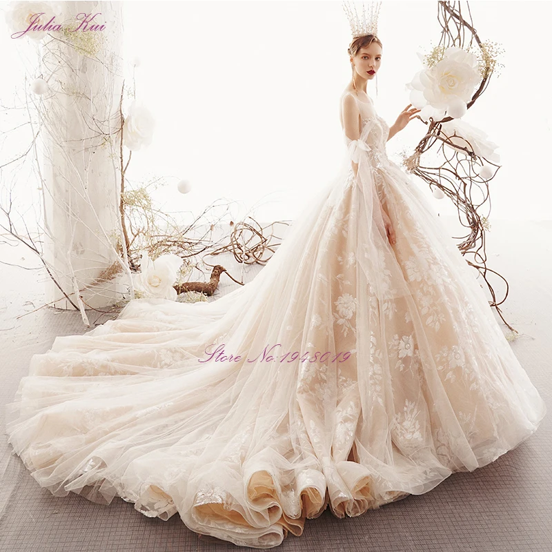 Julia Kui Beauty Appliques Lace Scoop Ball Gown Wedding Dress Beaded Pearl Crystal Chic Tiered Tulle Long Train Bride Gown