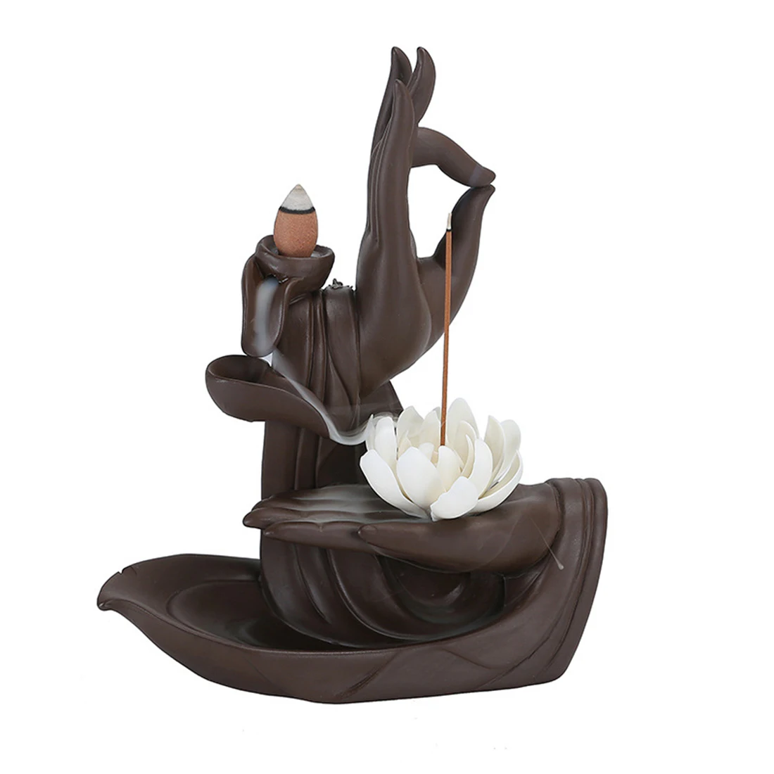 Ceramic Backflow Incense Burner Tathagata Buddha Lotus Incense Cones Stick Holder Smoke Waterfall Creative Home Bouddha Decor