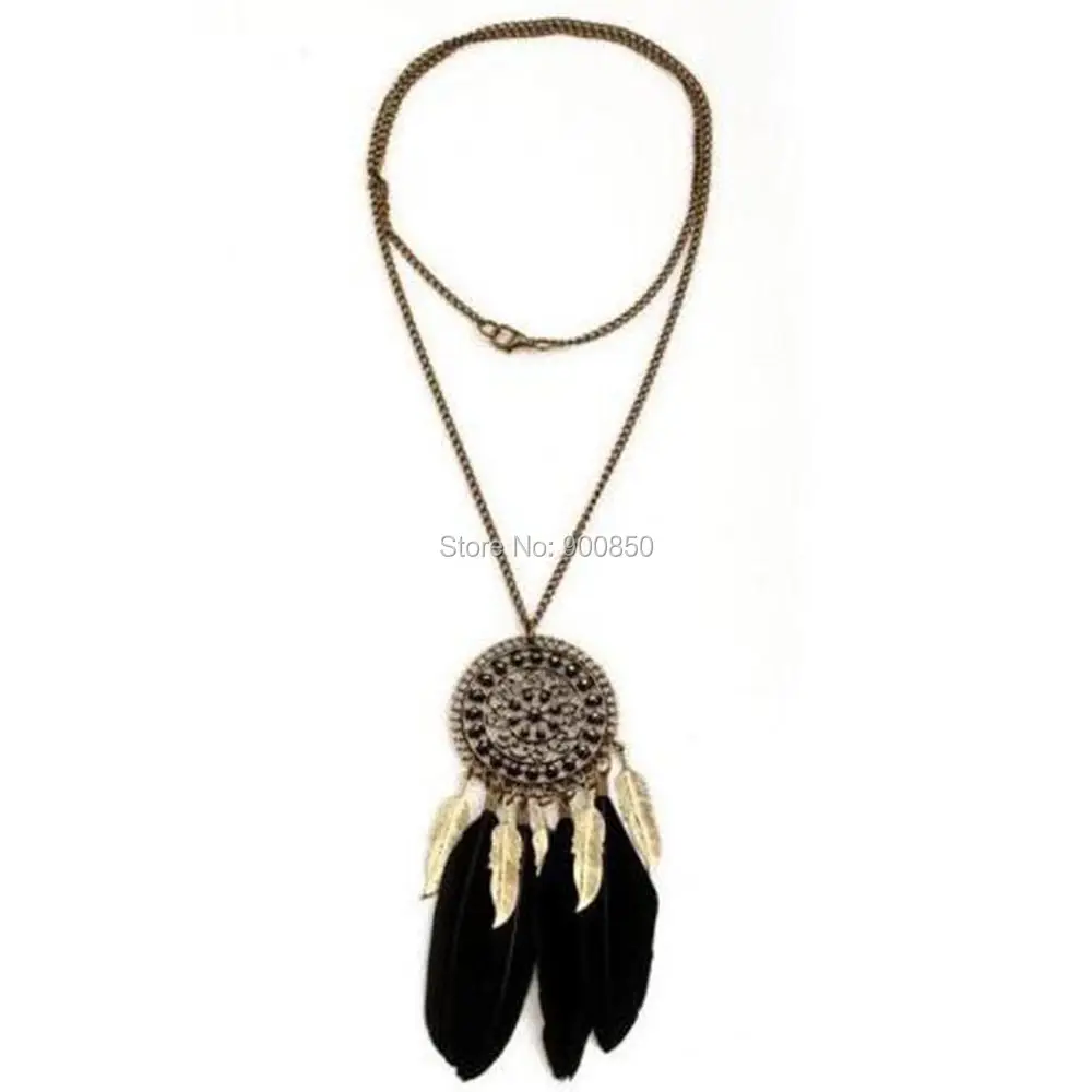 Boho Retro Black Green Feather Pendant Necklace Alloy Chain Coin Ethnic Indian Style Long Sweater Dream Catcher Necklace - Image 4