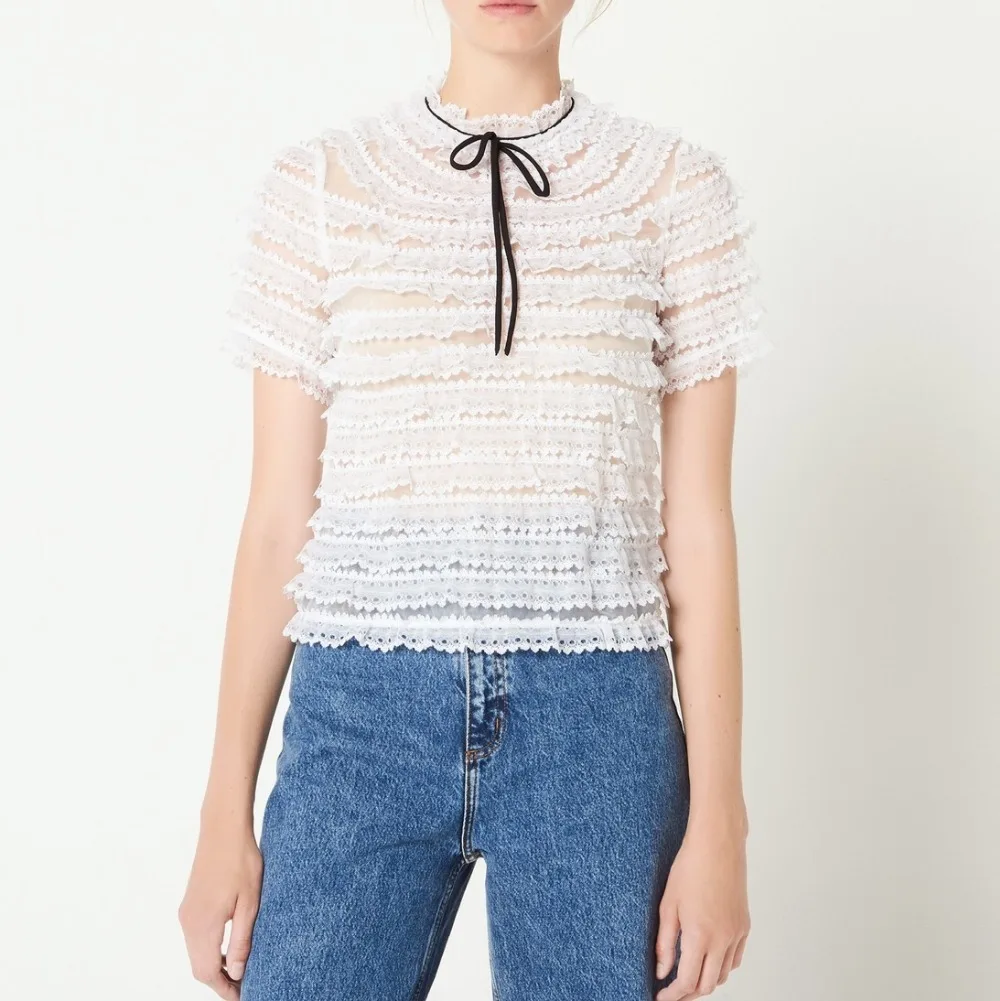 2018 new fashion ribbon bow collar short sleeve multi layer Beautiful