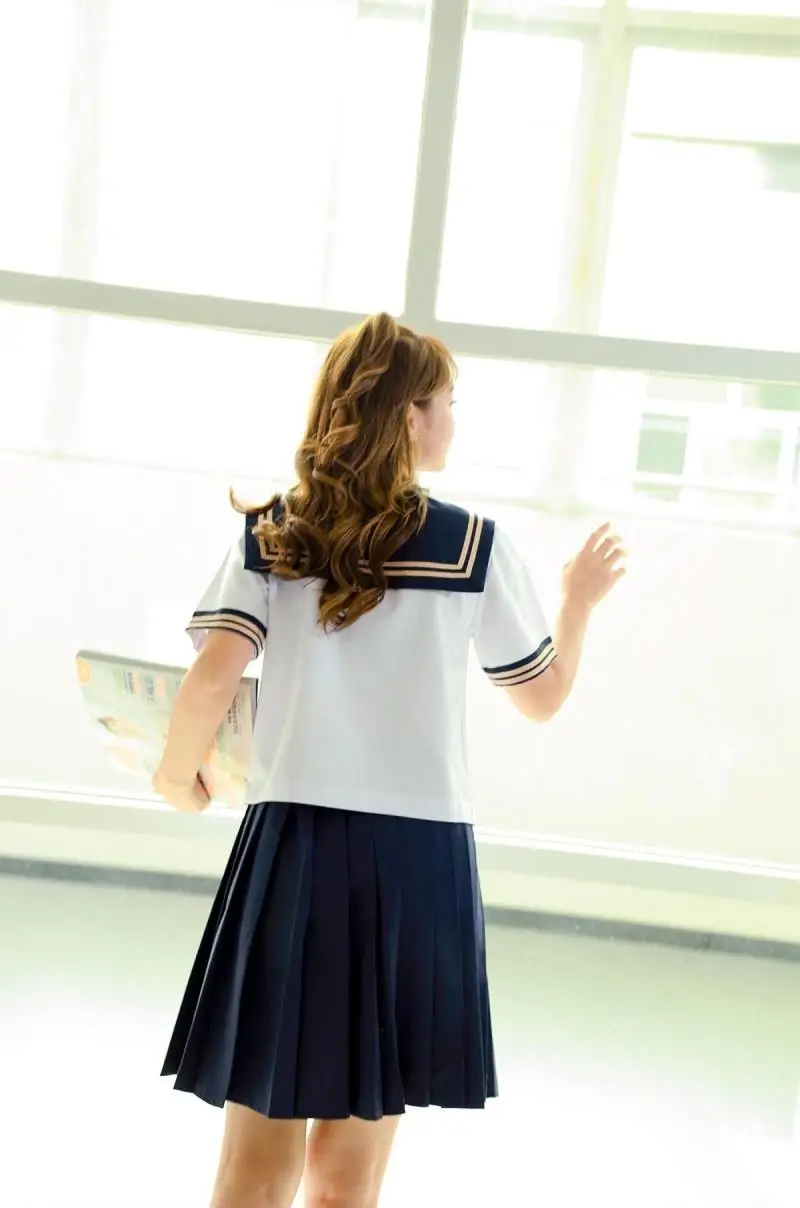 Школьная форма с короткими рукавами; платье моряка для девочек; темно-синяя плиссированная юбка; Uniformes; японские корейские костюмы для девочек; полный комплект