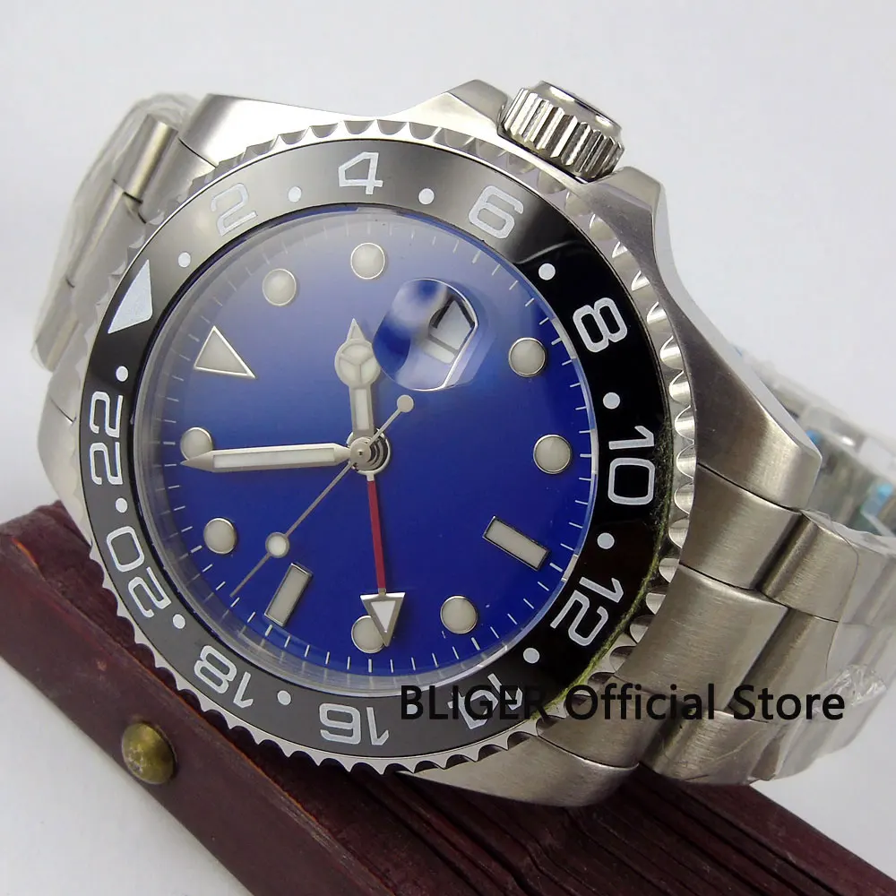 Sapphire BLIGER 43MM Blue Sterile Dial Black Ceramic Bezel GMT Function