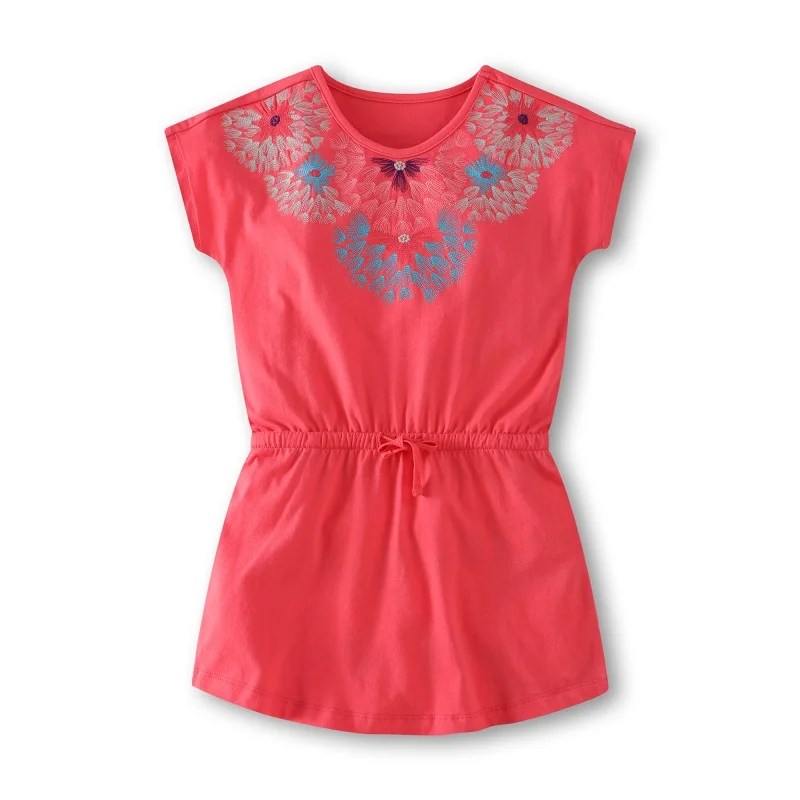 Летнее платье для девочек, полосатые платья с короткими рукавами для девочек, аппликация с животными, туника, костюм для детей, платье принцессы - Цвет: 186024