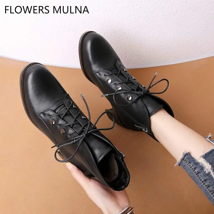

Martin Boots Women Black Leather Round Toe Chunky Heel Zapatos De Mujer Cross Ties Metal Button Winter Shoes Woman Runway Botas