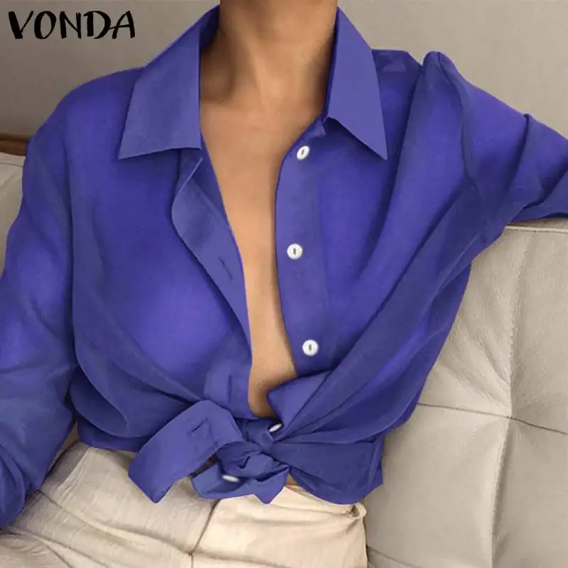 VONDA, женская блузка, сексуальная, с отворотом, на шее, с длинным рукавом, топ, весна-лето, пляжная одежда, Офисная рубашка, прозрачная, Просвечивающая, Blusas 5XL