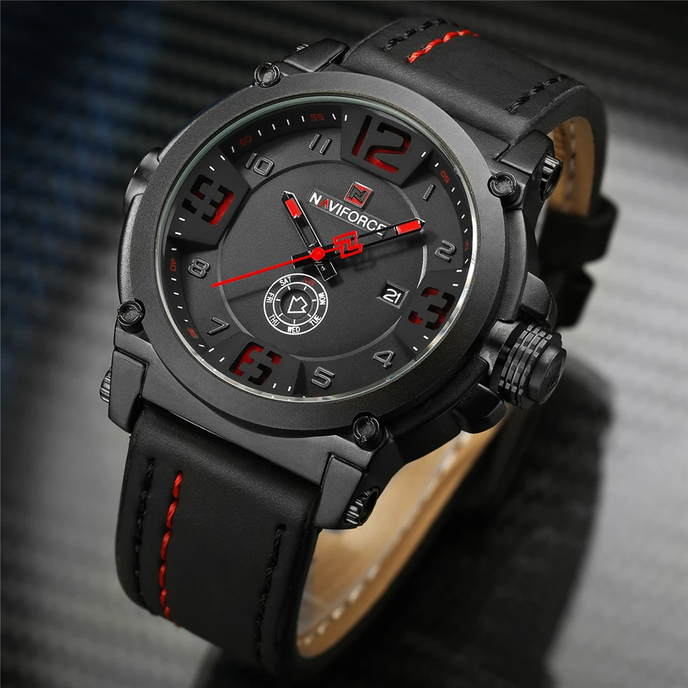 NAVIFORCE, модные, спортивные, 3 АТМ, водонепроницаемые, дата, неделя, кварцевые, кожа, мужские часы, часовое время, Relogio Masculino,, черные, Новинка
