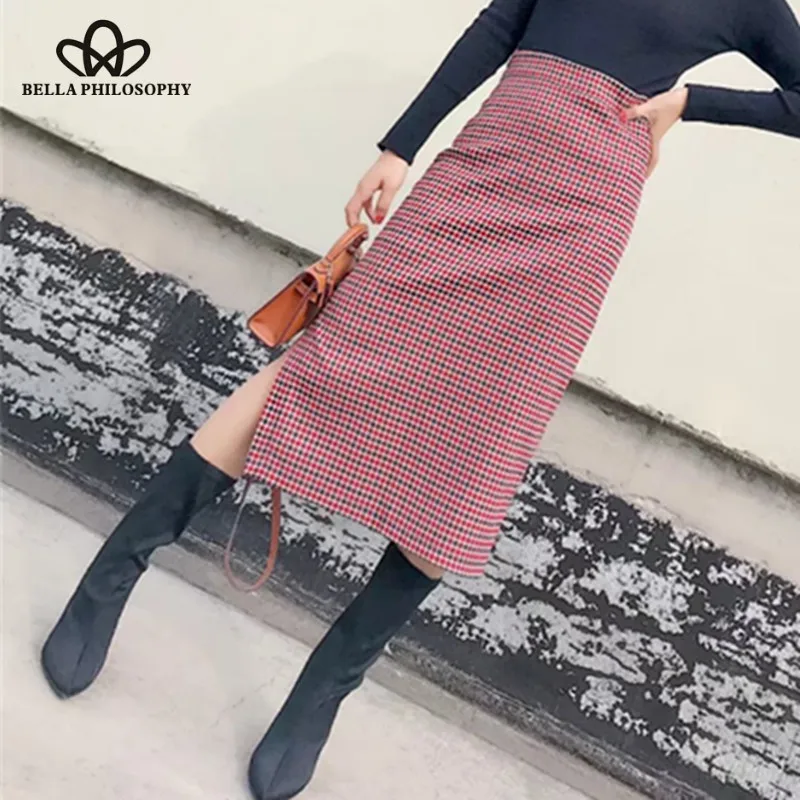 

Bella Philosophy 2019 winter women cotton straight skirt female mid calf empire casual skirt fashion women split plaid skirt