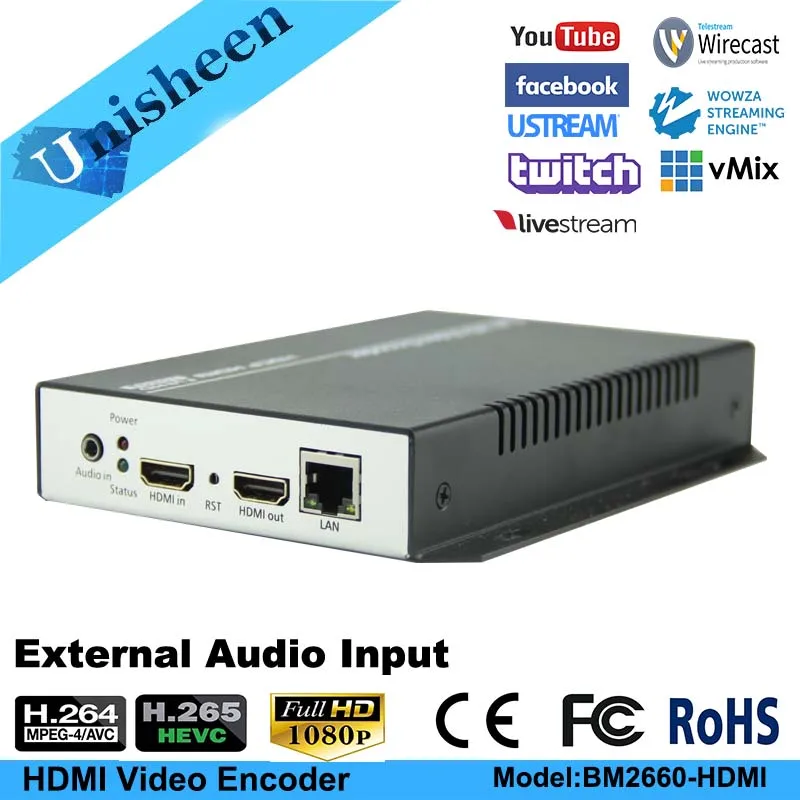 Unisheen H.265 H.264 IPTV видео видеоэнкодер HDMI на выход youtube facebook wowza onvif ip rtmps потоковая передача obs vmix wirecast