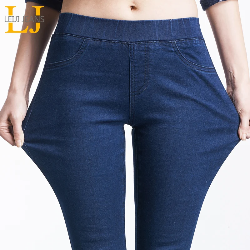 LEIJIJEANS 2019 Spring And Summer Plus Size Mid Elastic Waist Stretch Ankle length mom Jeans for Women Skinny Pants Capris Jeans