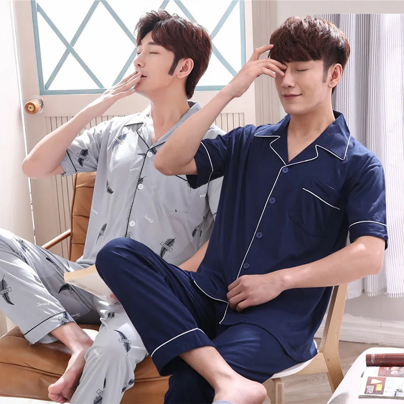 

100% Cotton Print Pajama Sets for Men 2019 Hot Spring Summer Short Sleeve Pyjama Sleepwear Suit Homewear Loungewear Home Clothes
