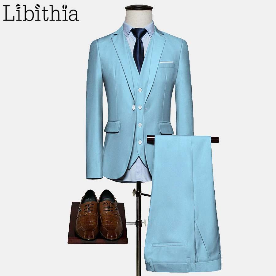 

Men 10 Colors Suits Big Size M-6XL One Button Slim Fit Jacket 3 Pieces Wedding Party Suits Sky Blue Violet Red Black White F058
