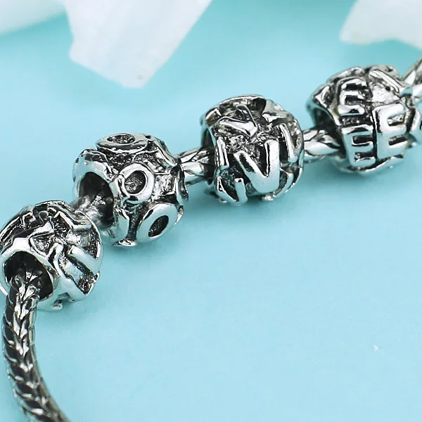 Женский браслет серебряного цвета с надписью Love Kiss|beads charms|big holeletters alphabet |