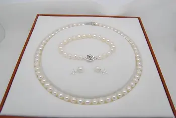 

100% Selling Picture full Natural 9-10MM AAA+ Akoya white pearl Necklace Set(Necklace&Bracelet&Earring)