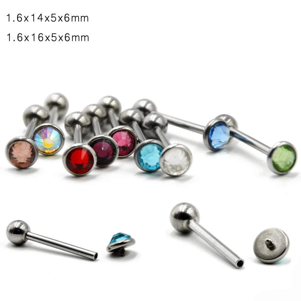 1PCS Fashion Flat CZ Gem Tongue Barbell Ring Piercing With Screw Fit Internally Thread Piercing