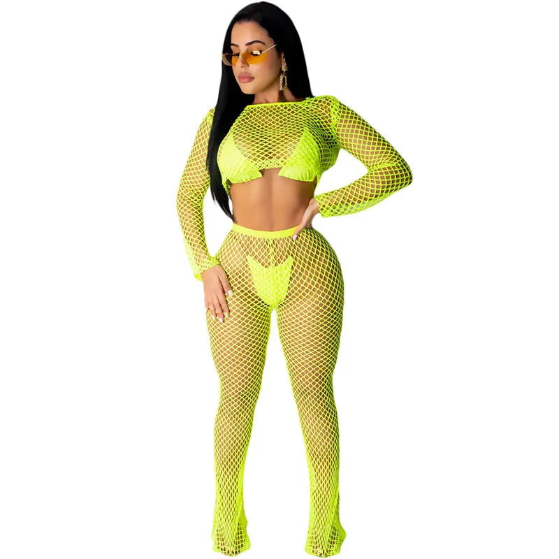 

Sexy Neon Green Fishnet Mesh Two Peice Set for Women See Through Crop Top and Pants Summer Cover Up Beach Club 2 Piece Outfits