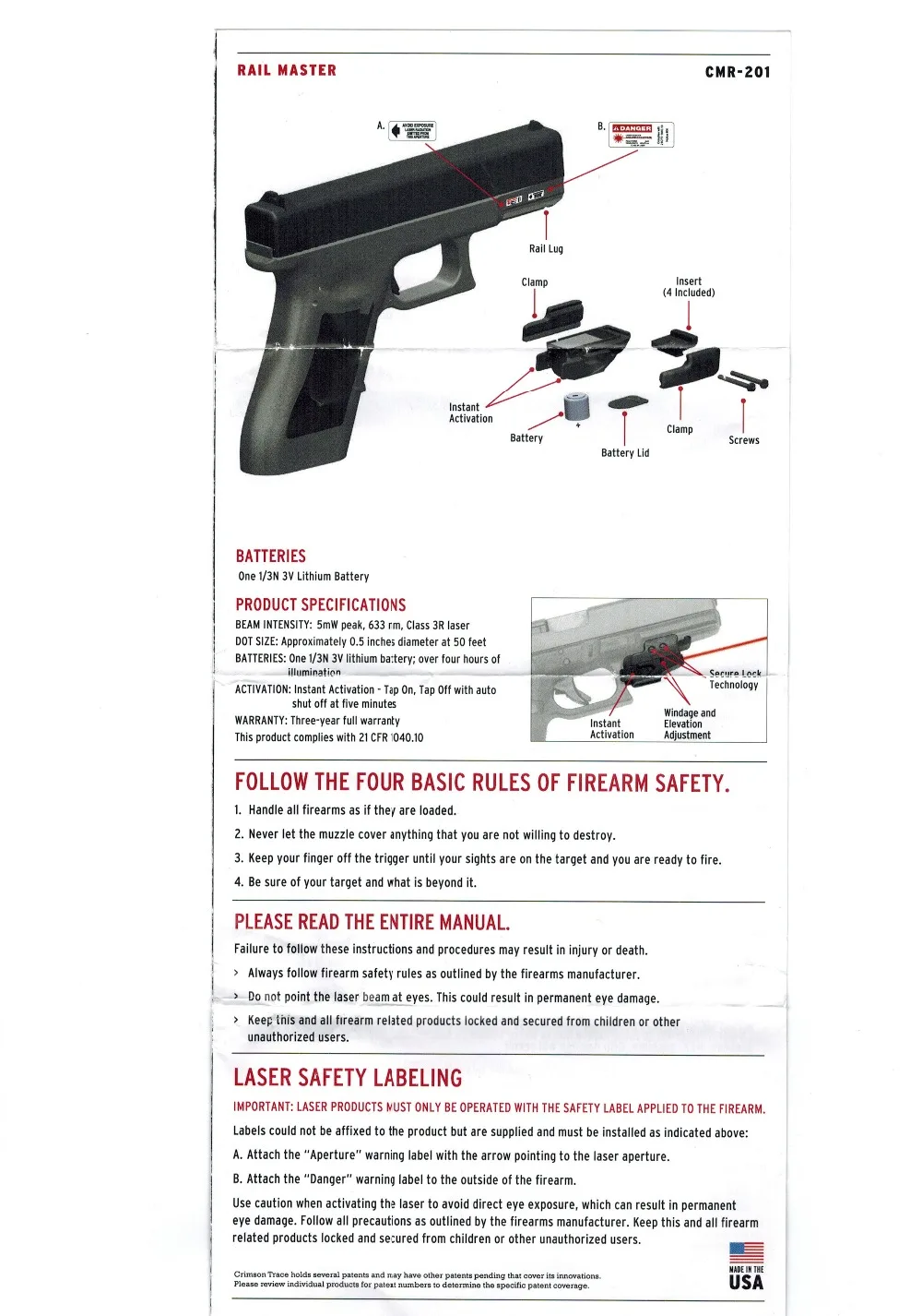 Crimson Trace CMR-201 Rail Master Laser Sight mini red laser sight  with Universal Mount fits pistol handgun for hunting  (10)