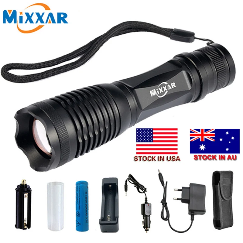 

9000LM LED flashlight lamp torch T6 Zoom Camping Hiking lights+AC/Car Charger +18650 5000mAh battery dropshipping Stock in US