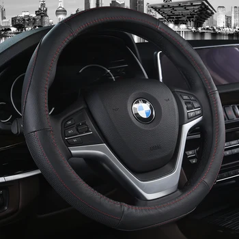 

KKYSYELVA car steering wheel cover 38cm Black Genuine Leather Steering-wheel Auto Interior Accessories