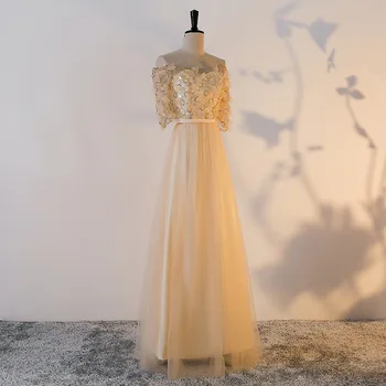 

Half Sleeve Gold Evening Dress Chinese Women Marriage Qipao Elegant Lace Cheongsam Temperament Noble Bridesmaid Vestidos S-4XL