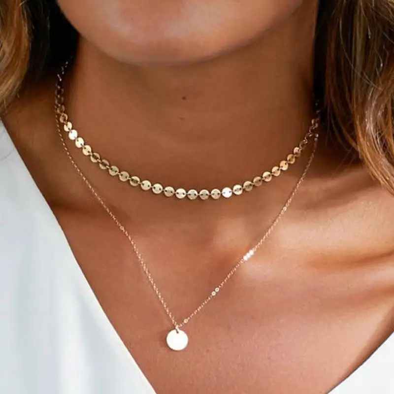 

Sexy Gold Coin Layered Necklace Set For Women Dainty Double Chain Choker Necklace Disc Pendant Charm Statement Necklaces Gift