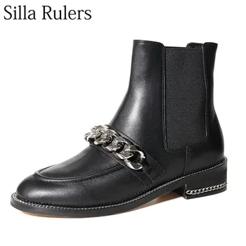 

Silla Rulers Leather Chelsea women boots autumn winter metal chain ankle boots for women round toe Low heel martin boots woman