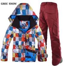 GSOU SNOW двойной Лыжный костюм Мужская зимняя уличная новая спортивная клетчатая водонепроницаемая ветрозащитная лыжная куртка+ лыжные брюки