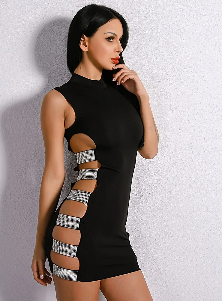 Black Bodycon Party Dress Sexy Cut Out Hips Crystal Dresses In Dresses