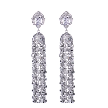 

HIBRIDE Brand Luxury White Austrian Crystal Stone Tassel Long Pendant Earrings Women Wedding Silver Color Earrings E-198