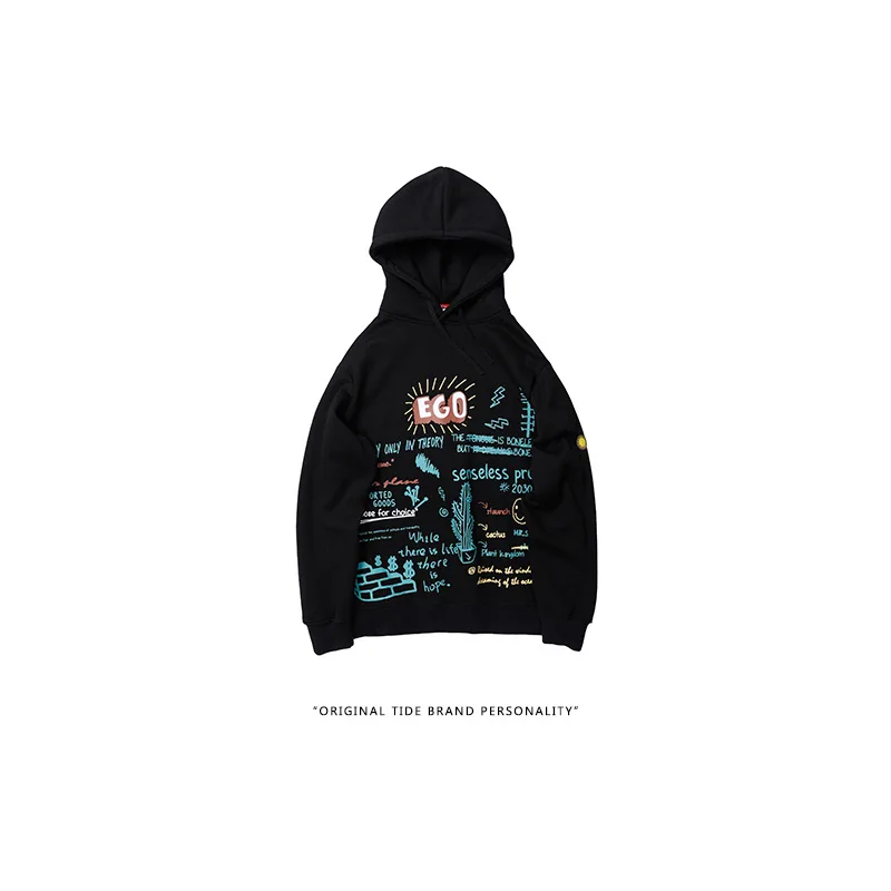 

Harajuku Hip Hop Ego Cactus Graffiti Print Fleece Hooded Hoodies Korean Pullover Sweatshirt Streetwear Men Fashion Casual Tops