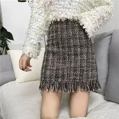 Женская шерстяная мини-юбка на осень и зиму, винтажная прямая клетчатая юбка с кисточками и высокой талией, Femininas