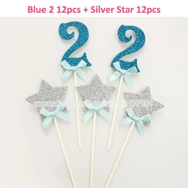 24 шт блеск номер 2 кекс Baby ребенок два года украшение для именинного торта Девочки Мальчики второй украшение для торта ко дню рождения - Цвет: Blue 2 Silver Star