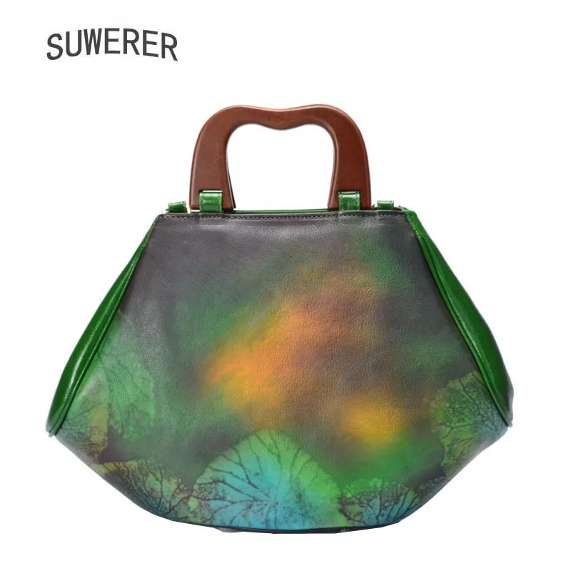 

SUWERER 2018 New women Genuine leather handbags Superior cowhide printing bags women Genuine Leather bag Women famous brand