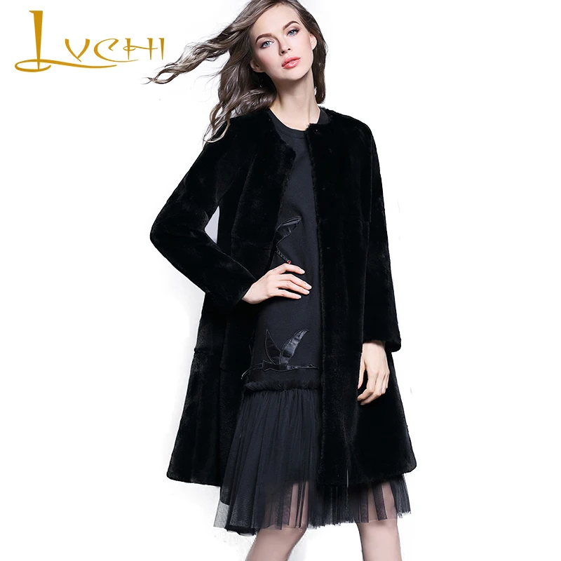 

LVCHI Winter 2019 Real Natural Rex Rabbit Fur Coat Women's O-Neck Nine Quarter Medium Causal Office Lady Rex Rabbit Fur Coats