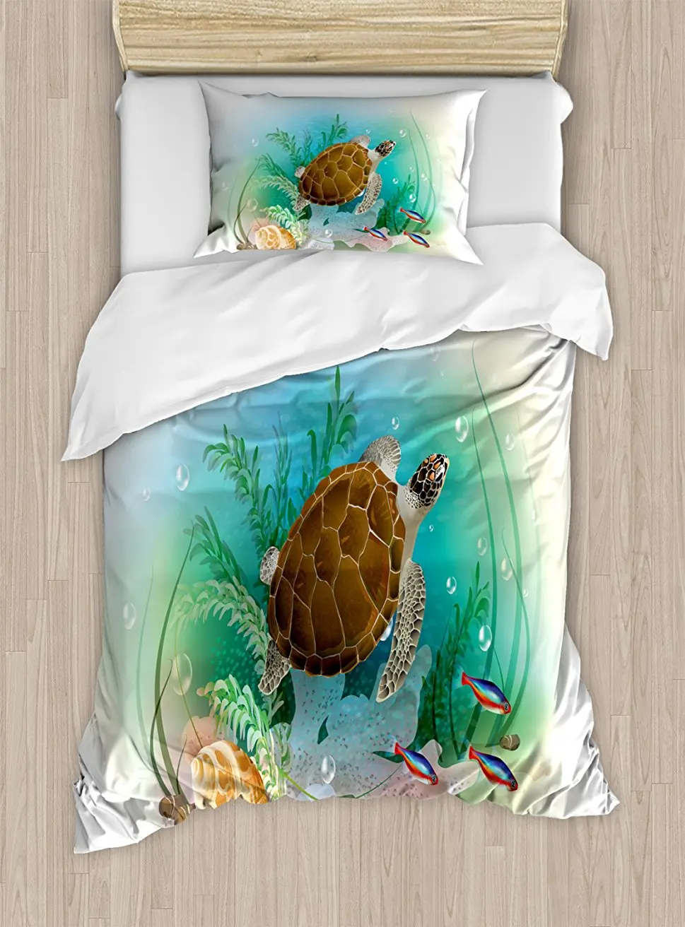 

Ocean Duvet Cover Set Sea Turtle Swims in the Ocean Tropical Underwater World Aquarium Illustration Print 4 Piece Bedding Set