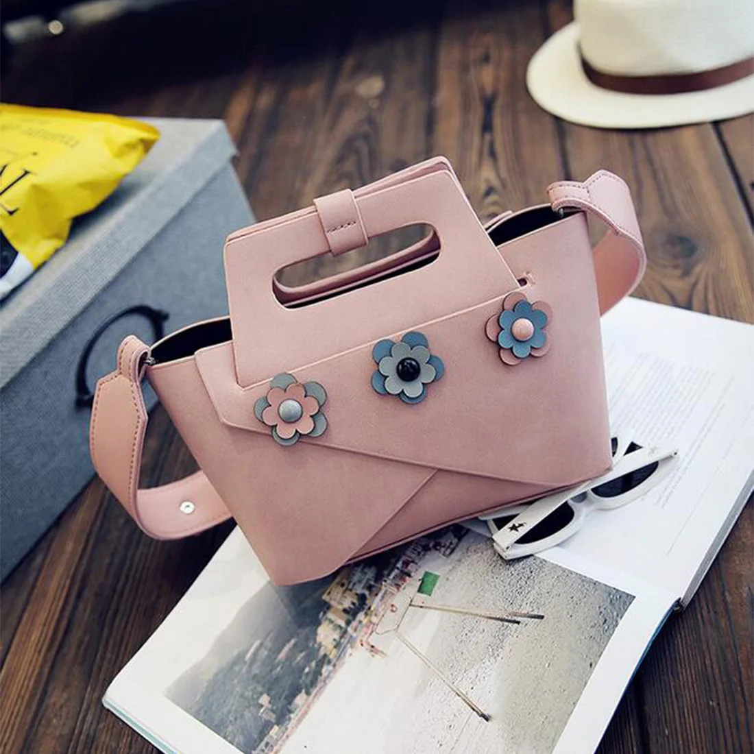 

YEJIA FASHION 3D Flower Women Bag Elegant Luxury Handbag Wide Strap Women Messenger Bags Casual Female 2 Pcs Composite Bags