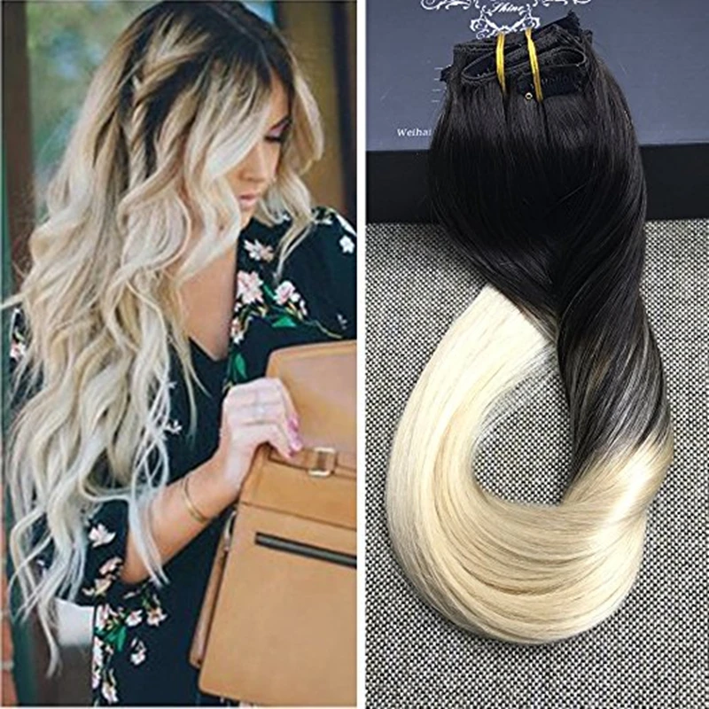 Full Shine 1B 613 Blonde Ombre 100 Human Hair Clip in Extensions Two