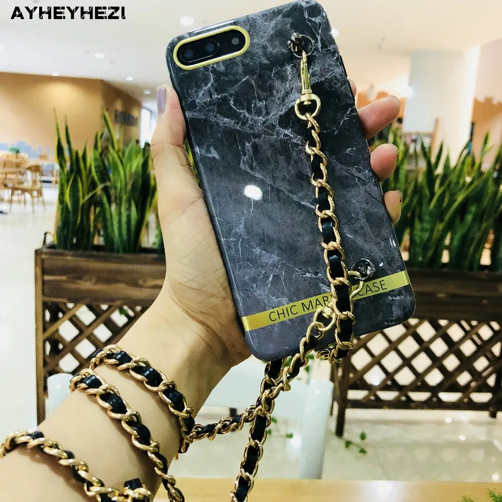 

Instafashion Glossy Soft Marble Cell Phone Back Cover for IPhone XS X 6S 6 8 7 Plus Case Crossbody Case with Long Strap Lanyard